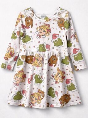 Rylee Faith pink Grinch print long sleeve twirl dress size 5